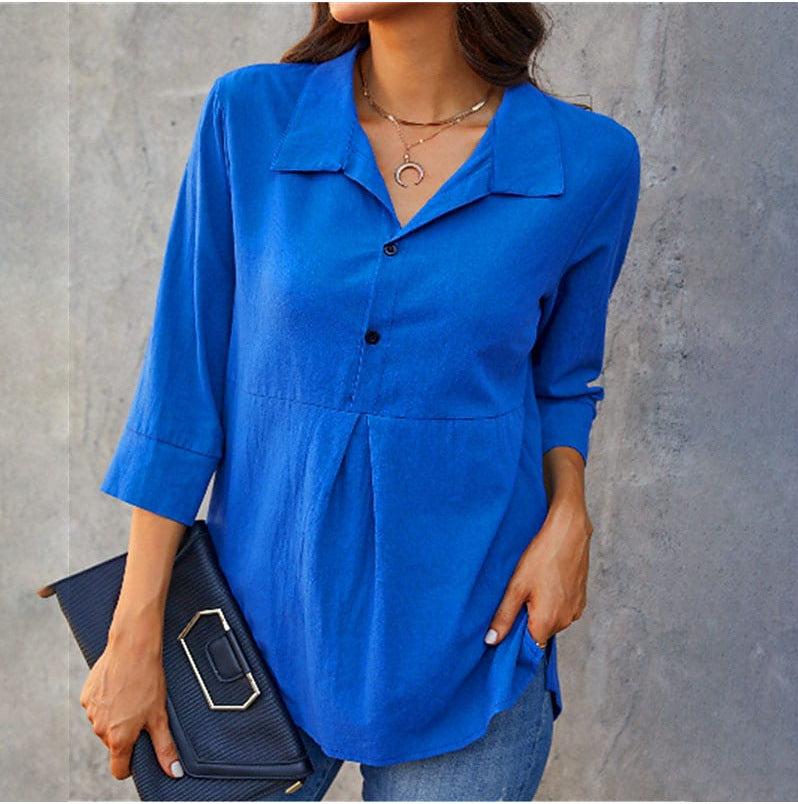 Camisa de mujer de color liso con cuello de solapa, abertura y peplum, manga tres cuartos