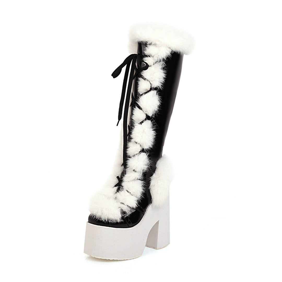Botas de nieve de suela gruesa con plataforma y tacón alto y botas de piel