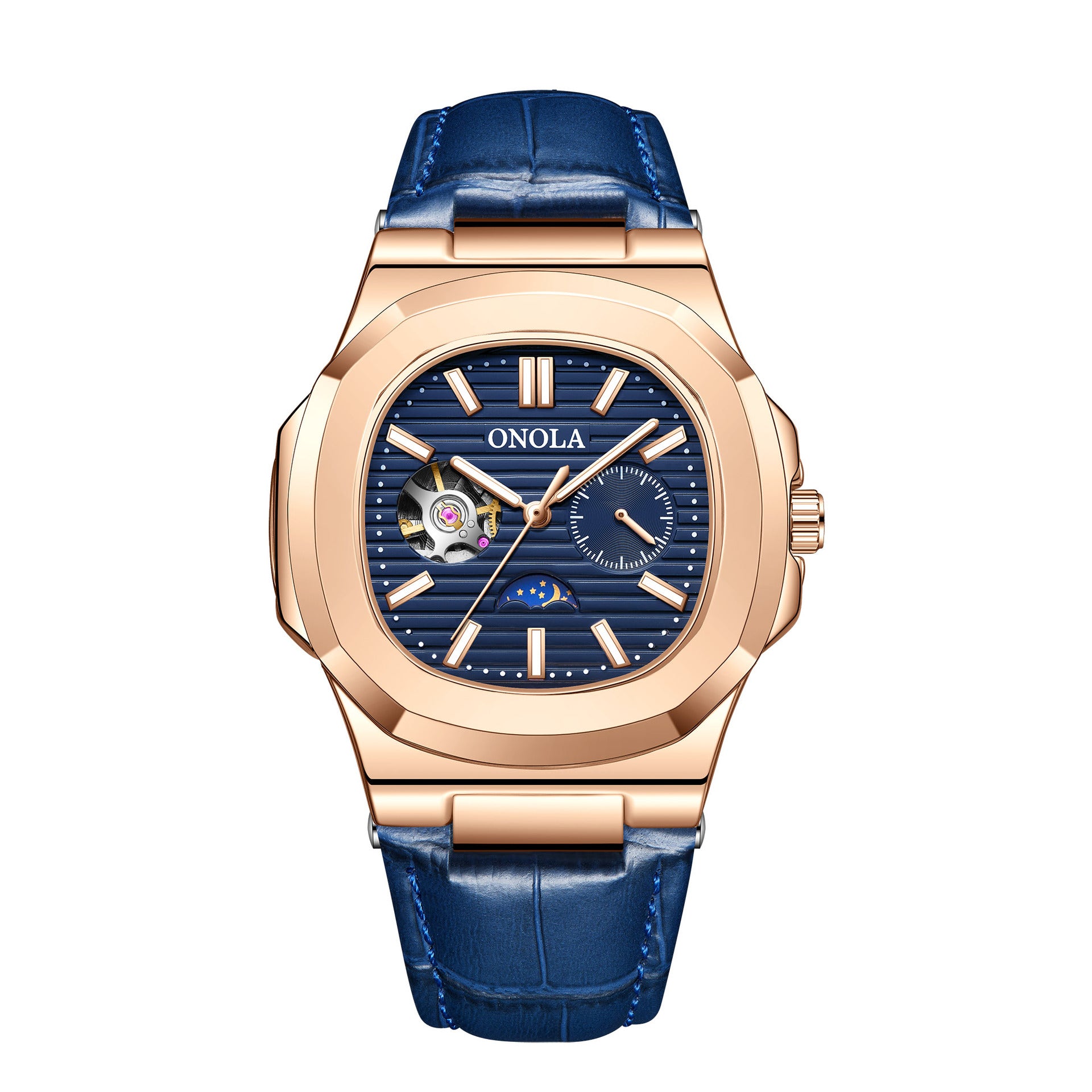 Reloj mecánico de alta calidad con diseño de sol, luna y estrellas, correa de cuero impermeable.