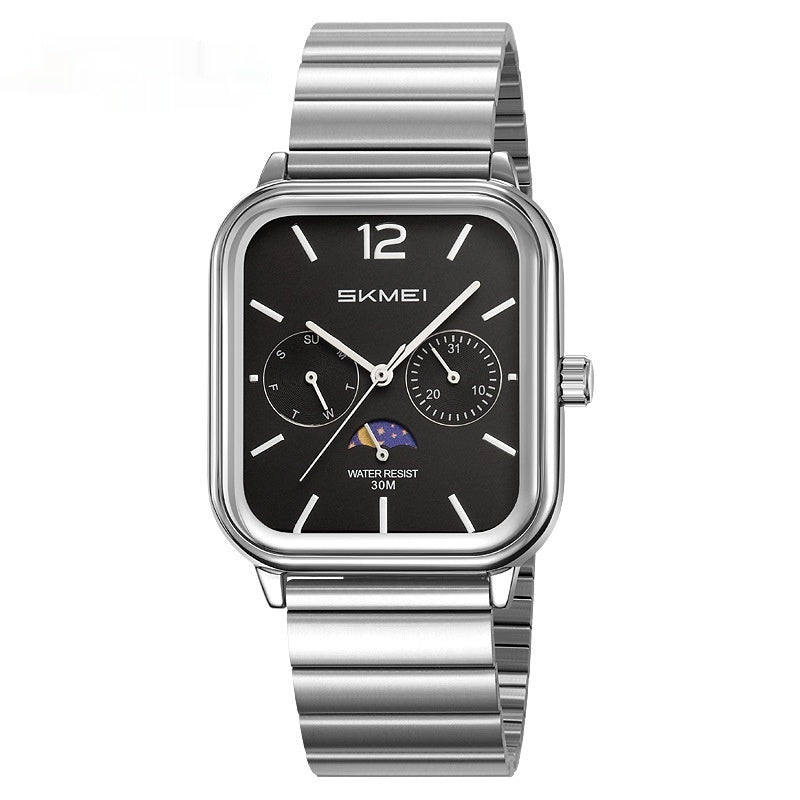 Elegante reloj cuadrado multifuncional con indicador de fase lunar de seis manecillas, diseñado para negocios y resistente al agua.