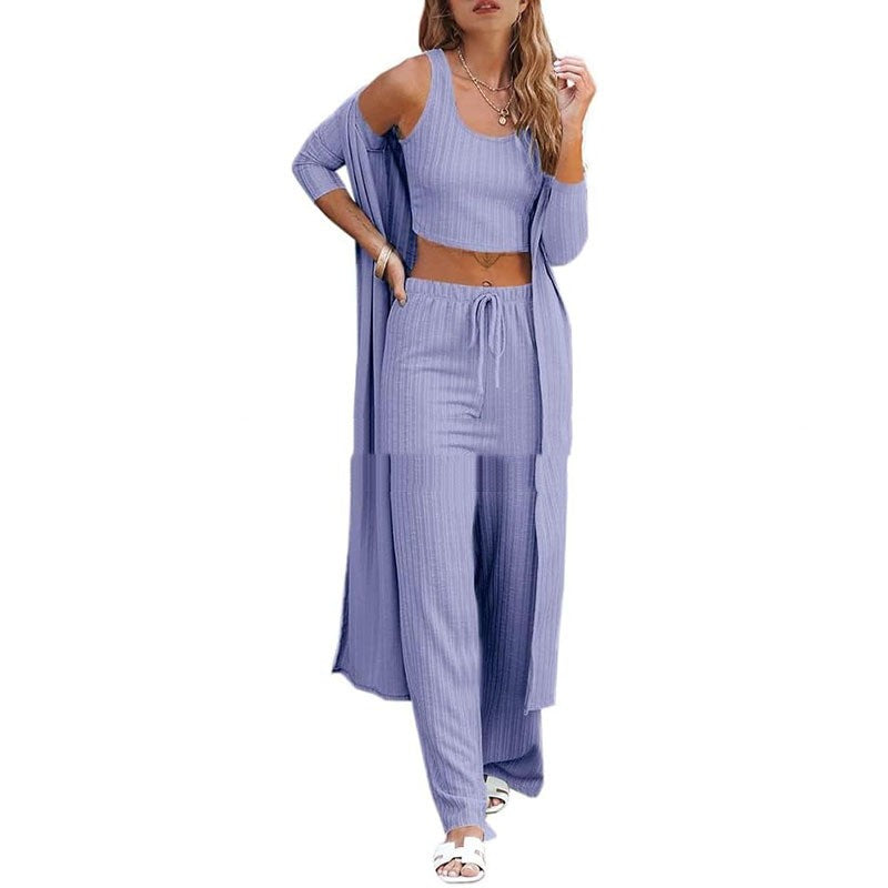 Conjunto de ropa de estar por casa para mujer de tres piezas: chaleco, pantalón y bata