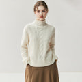 Suéter de cachemira de punto trenzado con cuello alto y costuras para mujer. Elegante, artístico y versátil para cualquier look.
