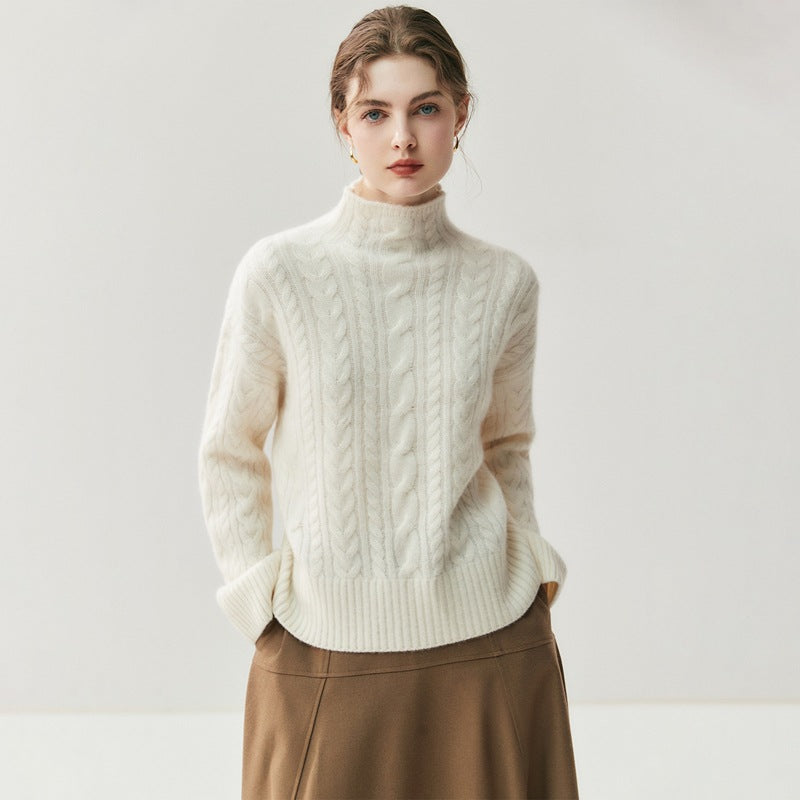 Suéter de cachemira de punto trenzado con cuello alto y costuras para mujer. Elegante, artístico y versátil para cualquier look.