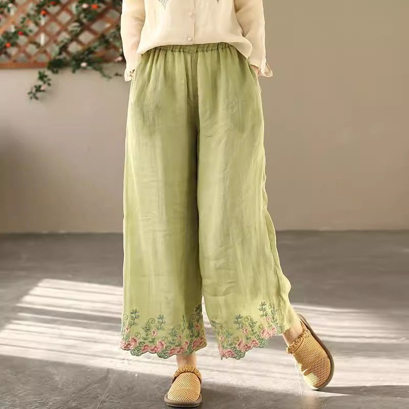 Pantalones anchos de verano de algodón y lino para mujer