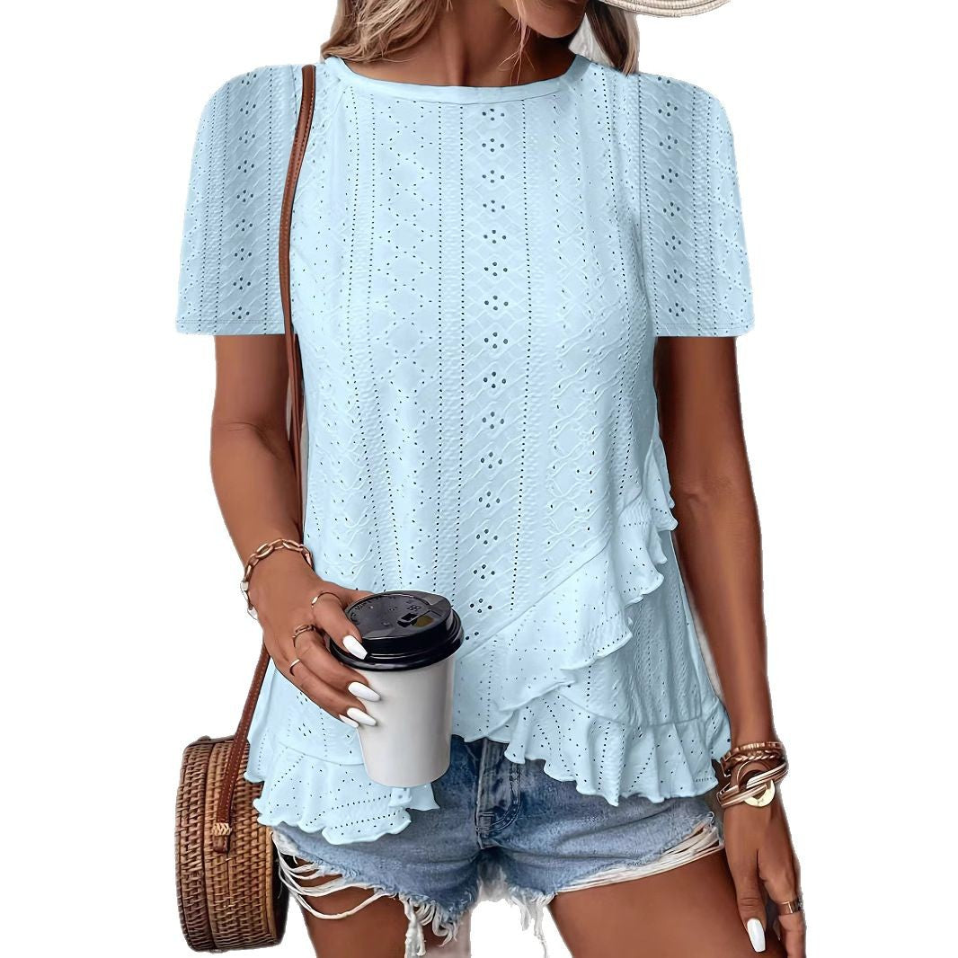 Womens Fashion Casual Solid-color Short-sleeve Crew Neck