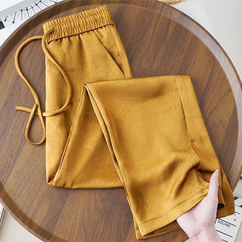 Pantalones de satén jacquard de pierna ancha de seda de hielo estilo chino para mujer