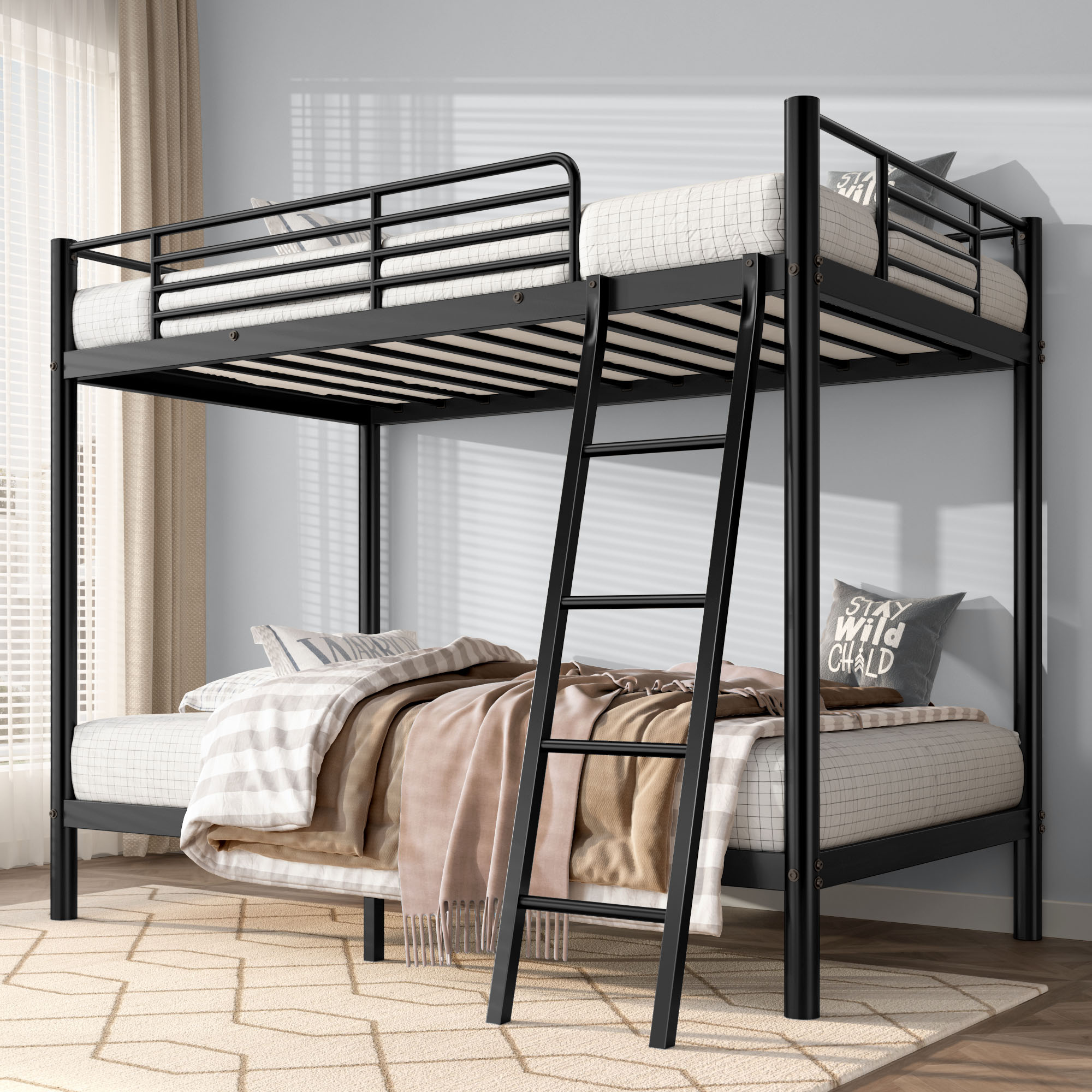 Litera tipo loft, tamaño individual sobre individual, con escalera y barandilla, listones de metal resistentes, sin necesidad de somier, mueble compacto para dormitorio, color negro