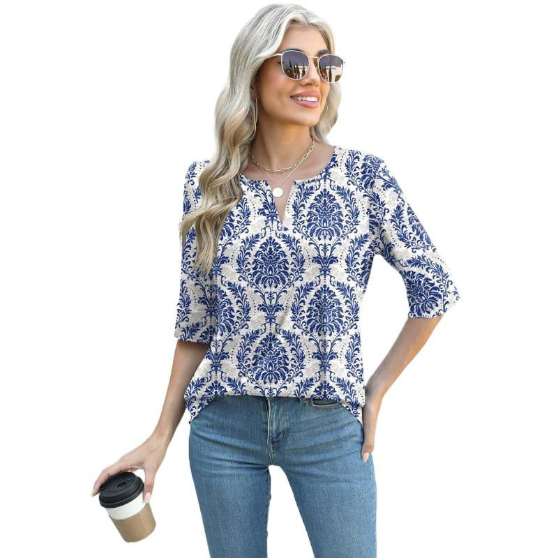 Retro V-neck Elegant Loose-Fitting Mid-sleeve Casual Shirt