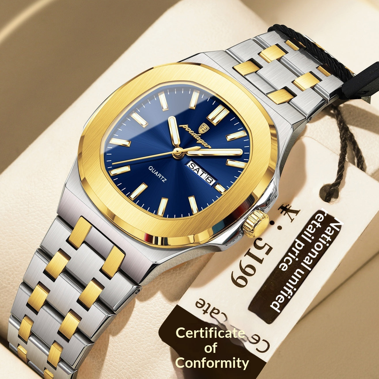 Reloj ultrafino con características impermeables y luminosas.