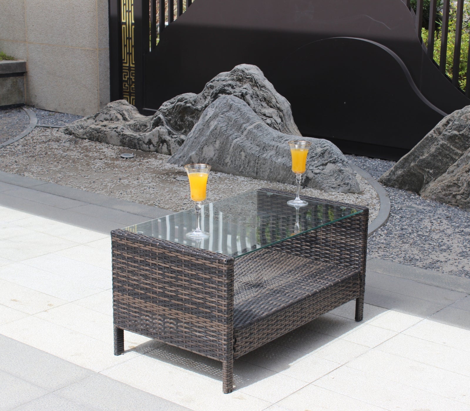 Mesa de centro para muebles de patio al aire libre con vidrio templado transparente
