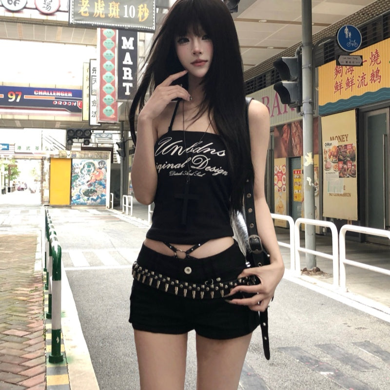 Rivet Belt Black Spicy Girl Style Punk-inspired Versatile