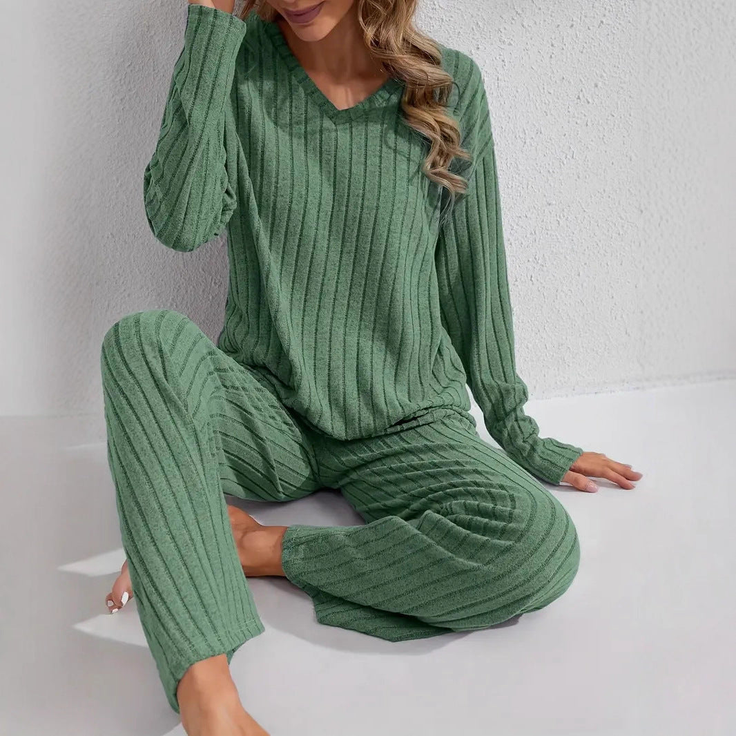 Conjunto de ropa de estar por casa informal y cómoda para mujer con top y pantalón de manga larga acanalados