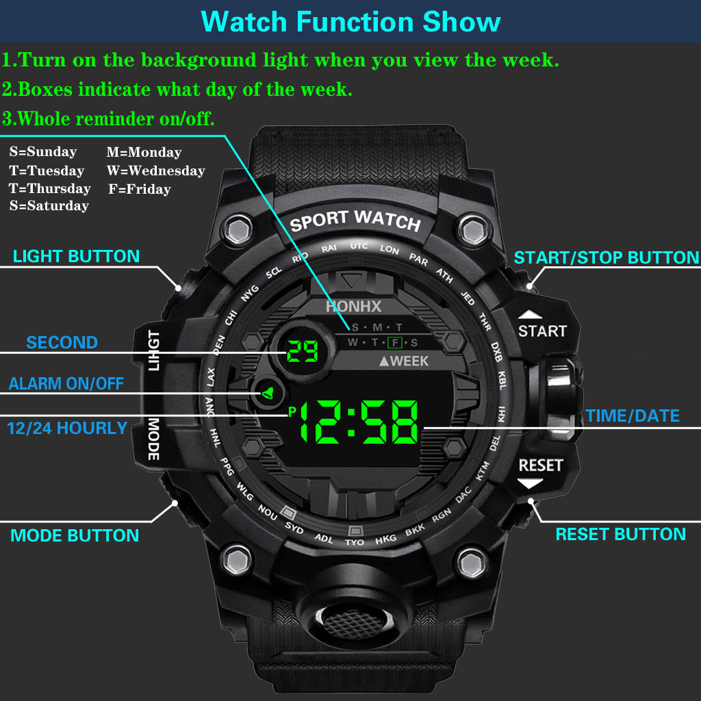 Reloj electrónico luminoso multifuncional deportivo impermeable para hombre