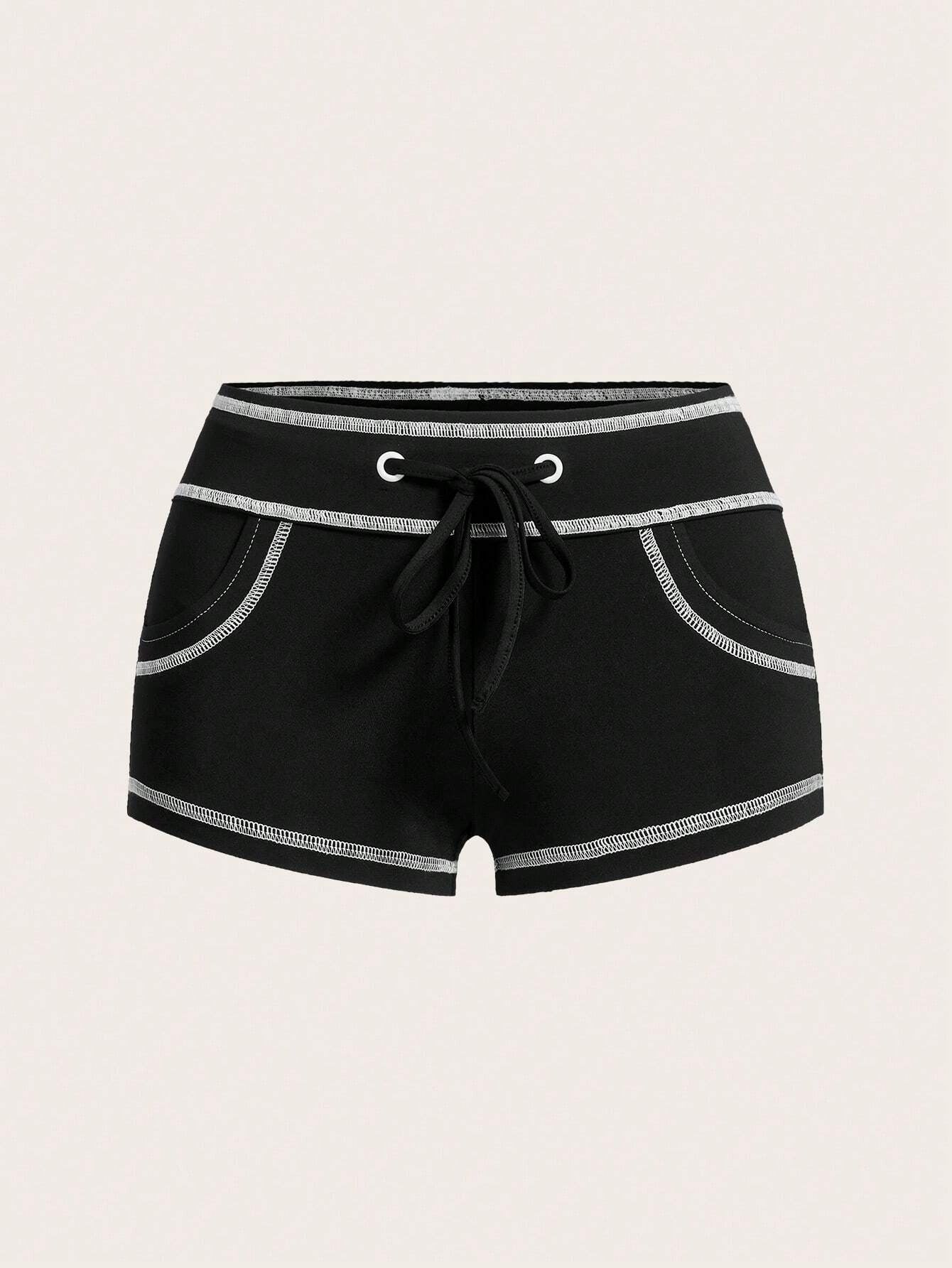 Open-stitch Design Lace-up Low-rise Hot Pants