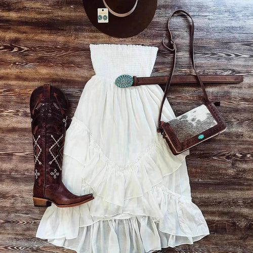 Casual Loose-fitting Fashionable Solid-color Tube Top Sleeveless Pleated Beach-style Dress