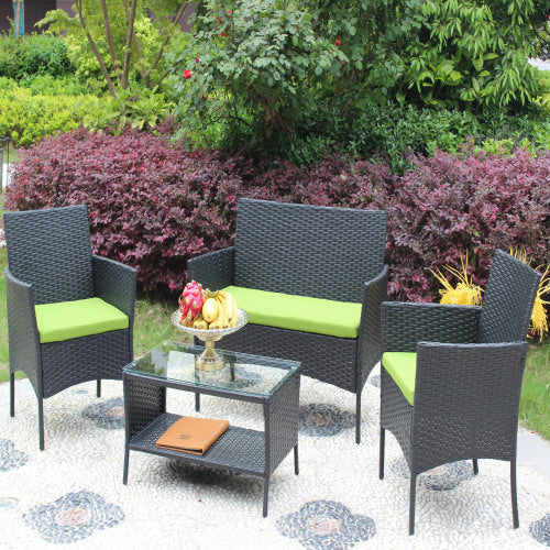Juego de 4 muebles de patio de ratán con asiento acolchado para exteriores, sofá de mimbre con cojín verde