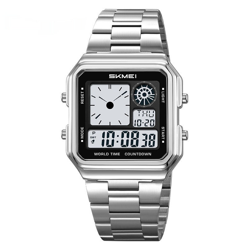 Reloj despertador cuadrado dorado resistente al agua con correa de acero y pantalla digital luminosa.