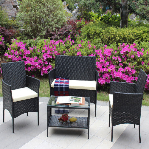 Juego de 4 muebles de patio de ratán con asiento acolchado para exterior, sofá de mimbre con cojín beige