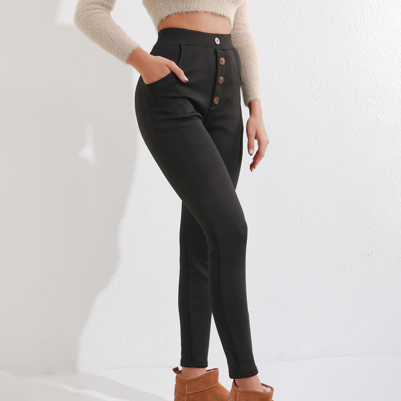Leggings gruesos de cintura alta con botones para mujer