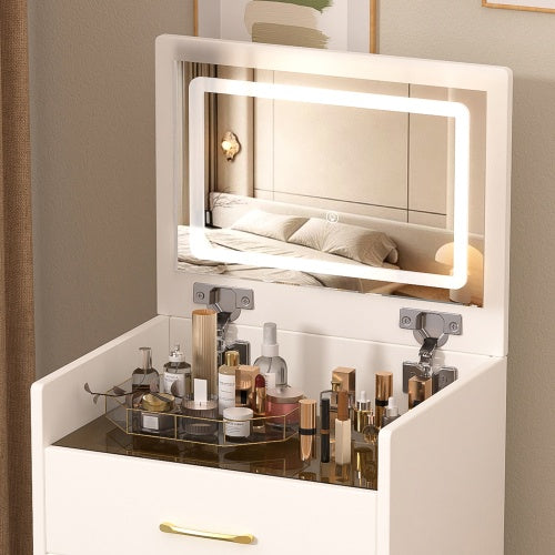 Tocador 3 en 1 con espejo abierto, pequeño juego de tocador con escritorio de cristal visible, compacto con 3 cajones, para dormitorio.