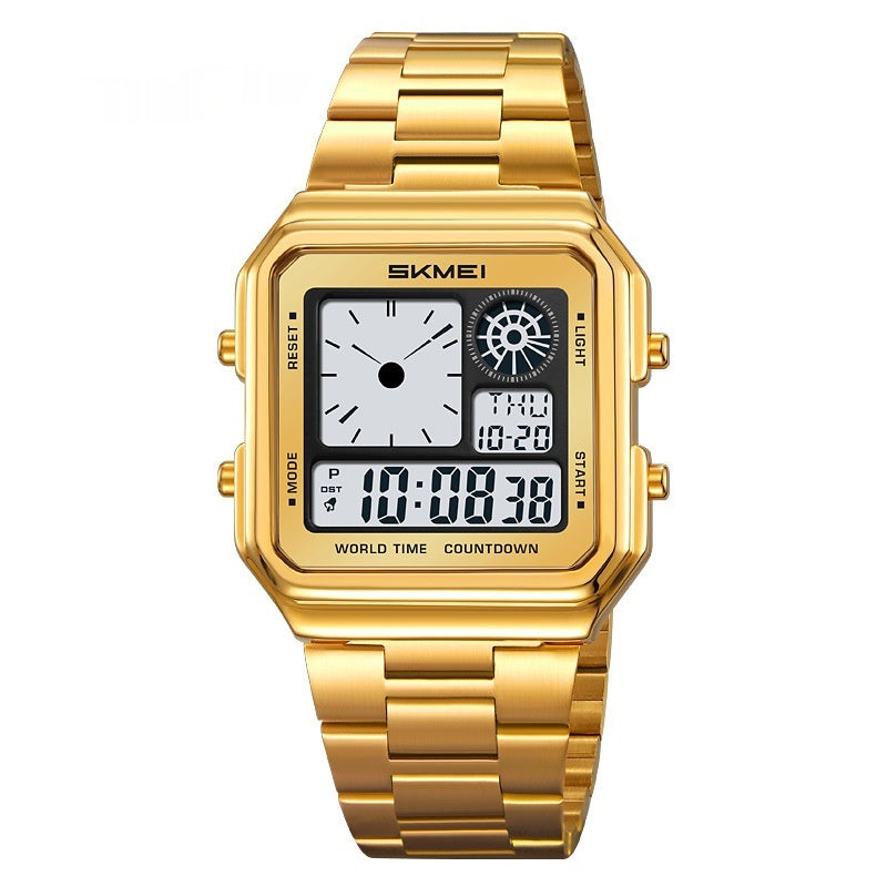 Reloj despertador cuadrado dorado resistente al agua con correa de acero y pantalla digital luminosa.