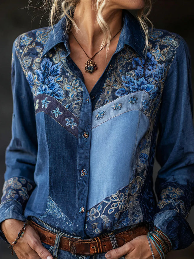 Camisas de mujer europeas y americanas, otoño-invierno, camisa de manga larga con estampado floral retro