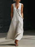 Womens Loose V-Neck Slant-Button Dress
