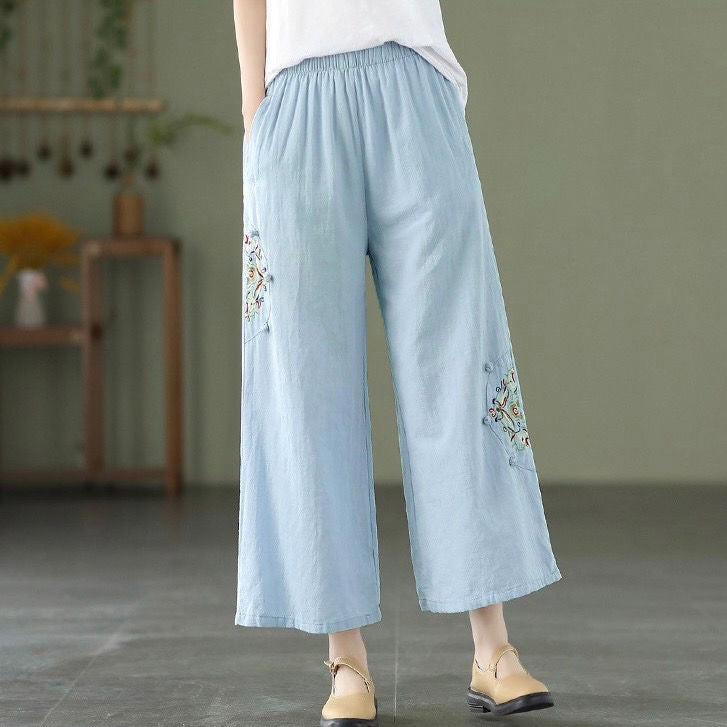 Cotton-linen Solid-color Elastic-waist Loose-fitting Multi-color Straight-leg Wide-leg Pants