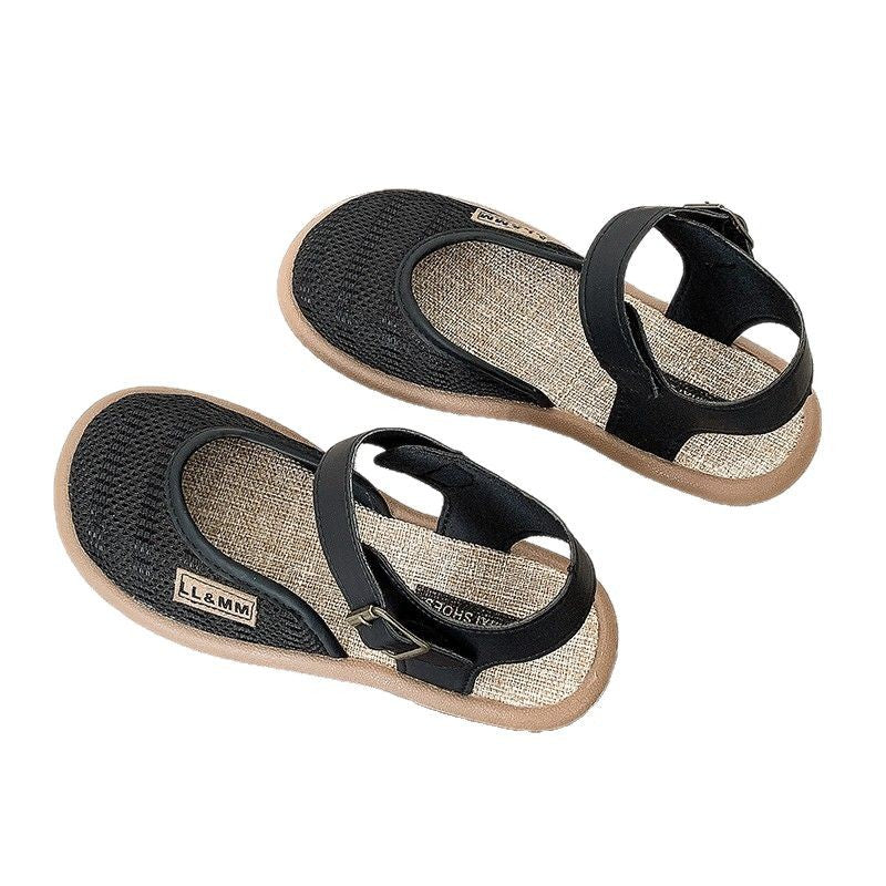 Sandalias de algodón y lino transpirables de malla con suela blanda para mujer