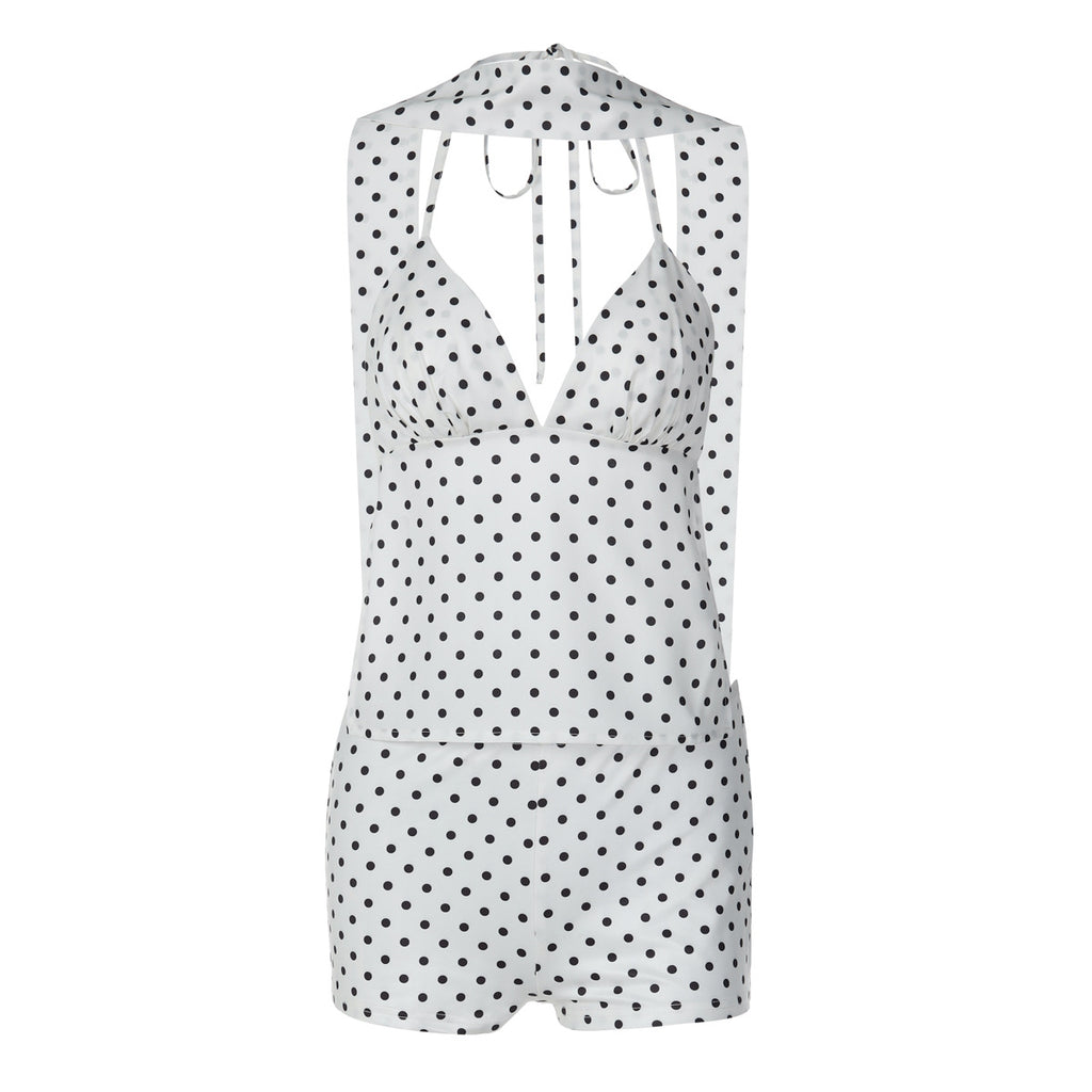 Winter Polka-Dot Lace-Up Camisole And Slim-Fit Shorts Two-Piece Set For Women