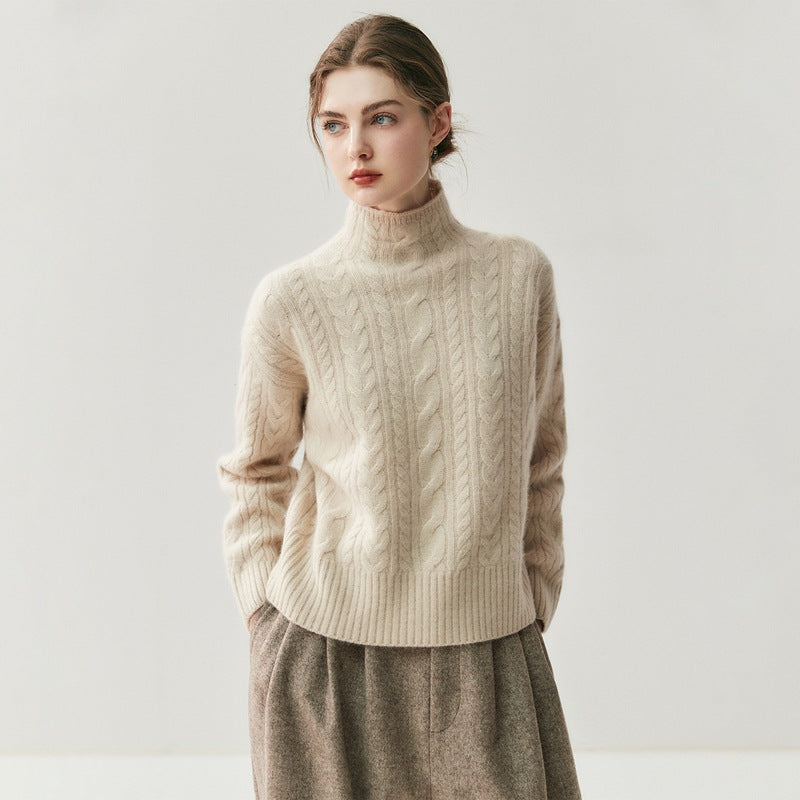 Suéter de cachemira de punto trenzado con cuello alto y costuras para mujer. Elegante, artístico y versátil para cualquier look.