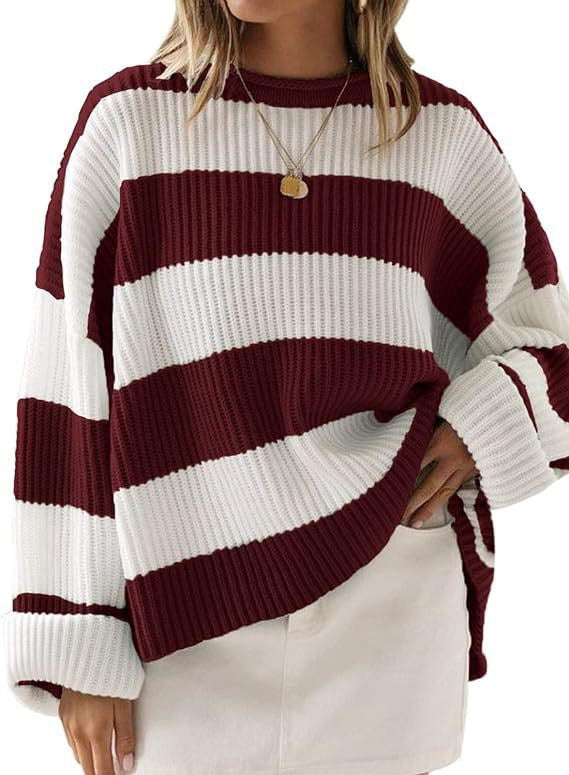 FallWinter Crew-Neck Long Colorblock Striped Knit Sweater