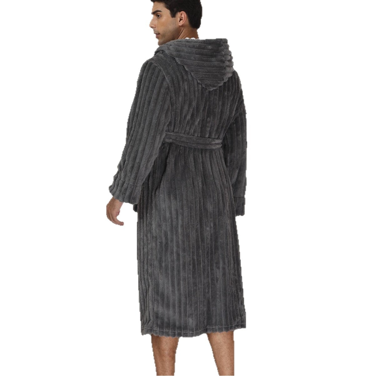 Bata de dormir gruesa de franela para hombre, bata larga con capucha y encaje