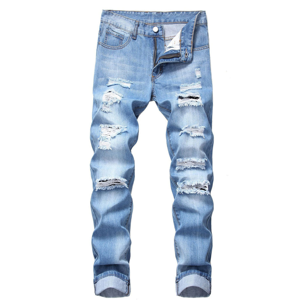 Men's Ripped Straight Slim Fit Non-stretch Jeans