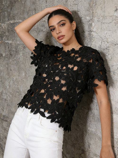 Black Floral Lace Cut-Out Short Sleeve Top