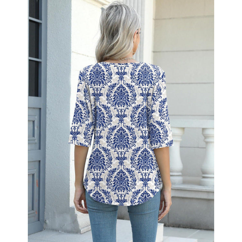 Retro V-neck Elegant Loose-Fitting Mid-sleeve Casual Shirt