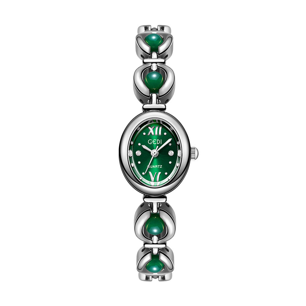 Reloj de pulsera Gedi de estilo nacional con esmeralda, atractivo, de nicho, de alta calidad, ligero, de lujo, con perlas de concha, exquisito reloj de cuarzo para mujer.