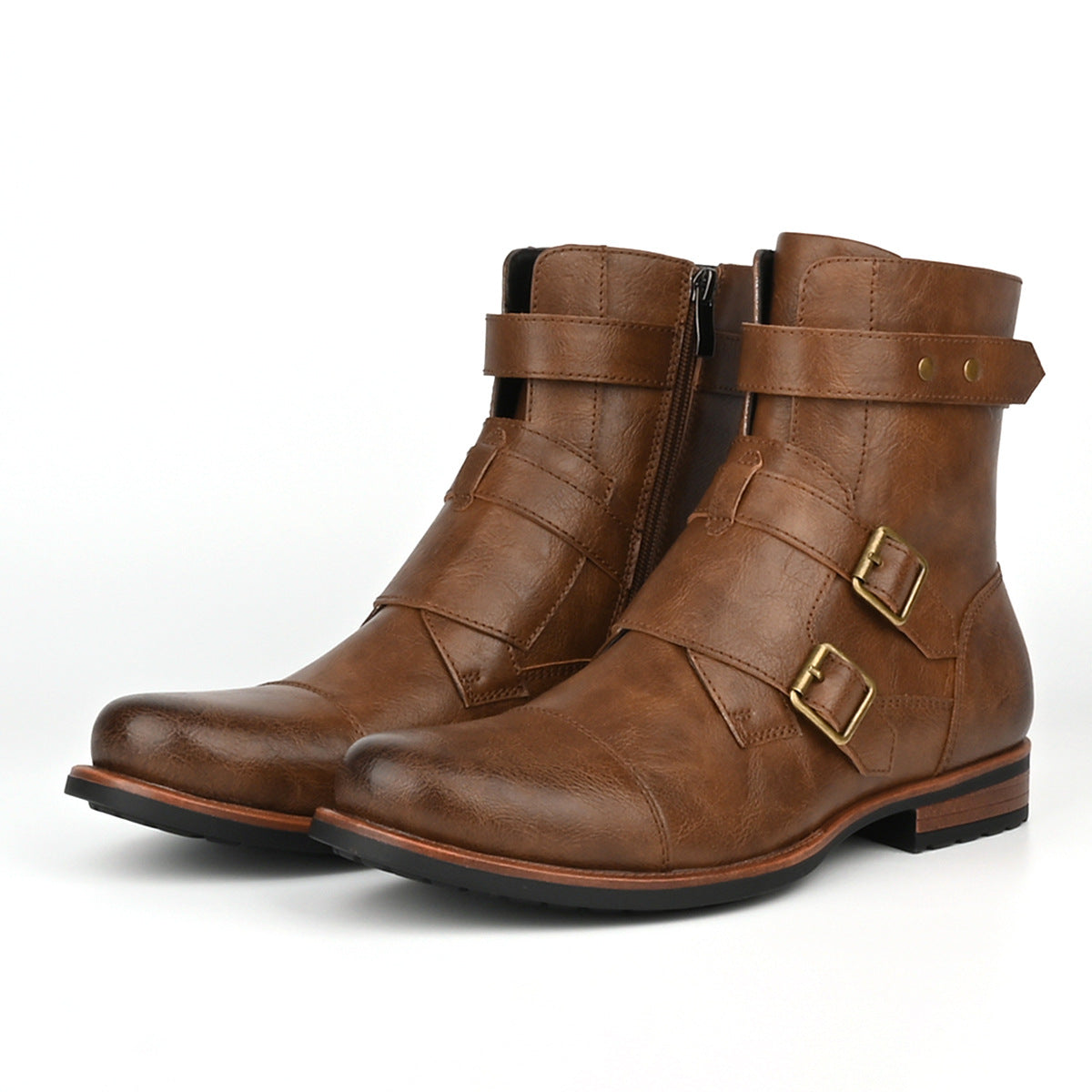 Botas vaqueras minimalistas vintage para hombre, de tacón bajo, con cremallera lateral y hebilla metálica