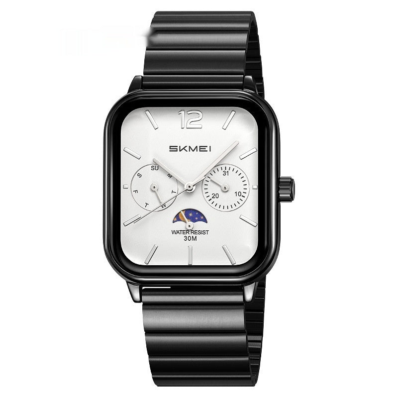Elegante reloj cuadrado multifuncional con indicador de fase lunar de seis manecillas, diseñado para negocios y resistente al agua.