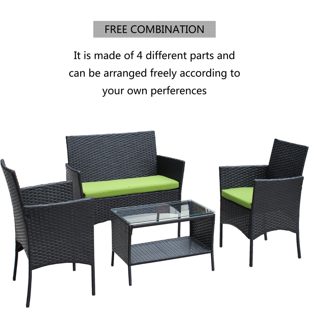 Juego de 4 muebles de ratán para patio, sofá de mimbre para exterior con cojines verdes
