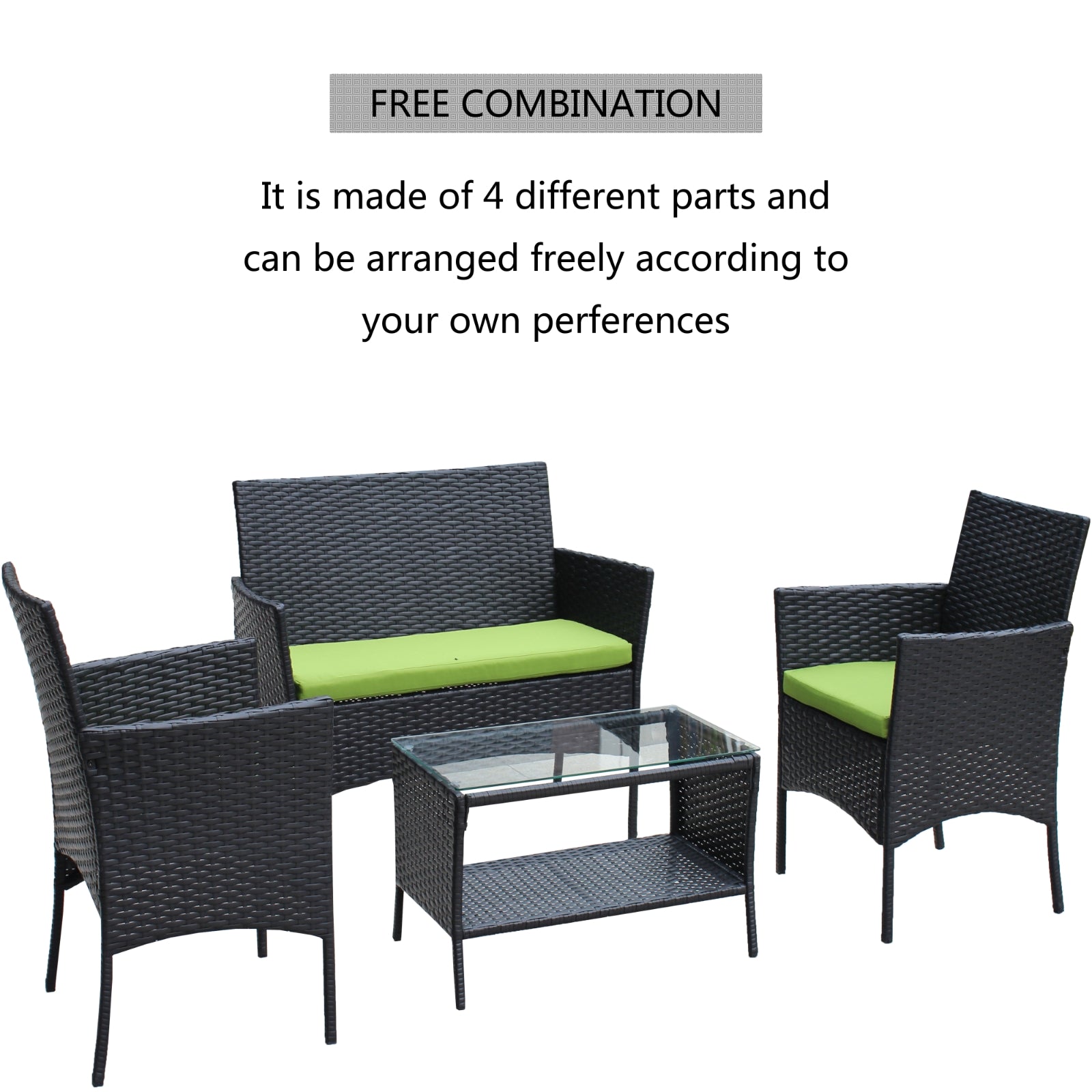 Juego de 4 muebles de ratán para patio, sofá de mimbre para exterior con cojines verdes