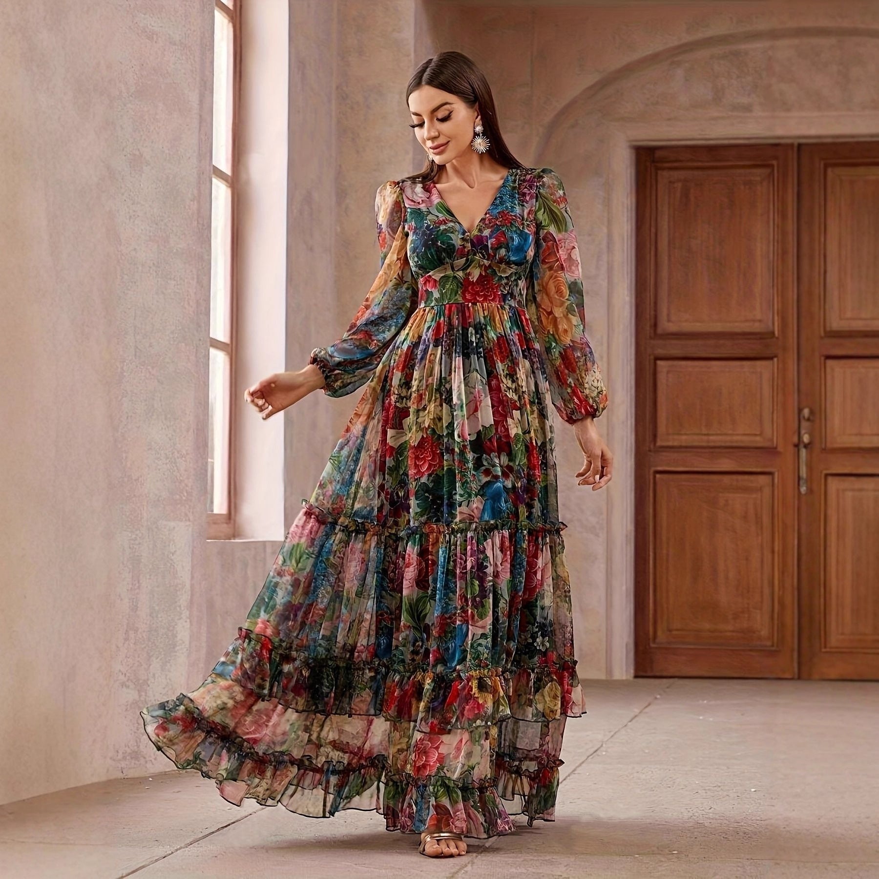 Printed Long-sleeve Puffed-sleeve Belted Maxi Dress