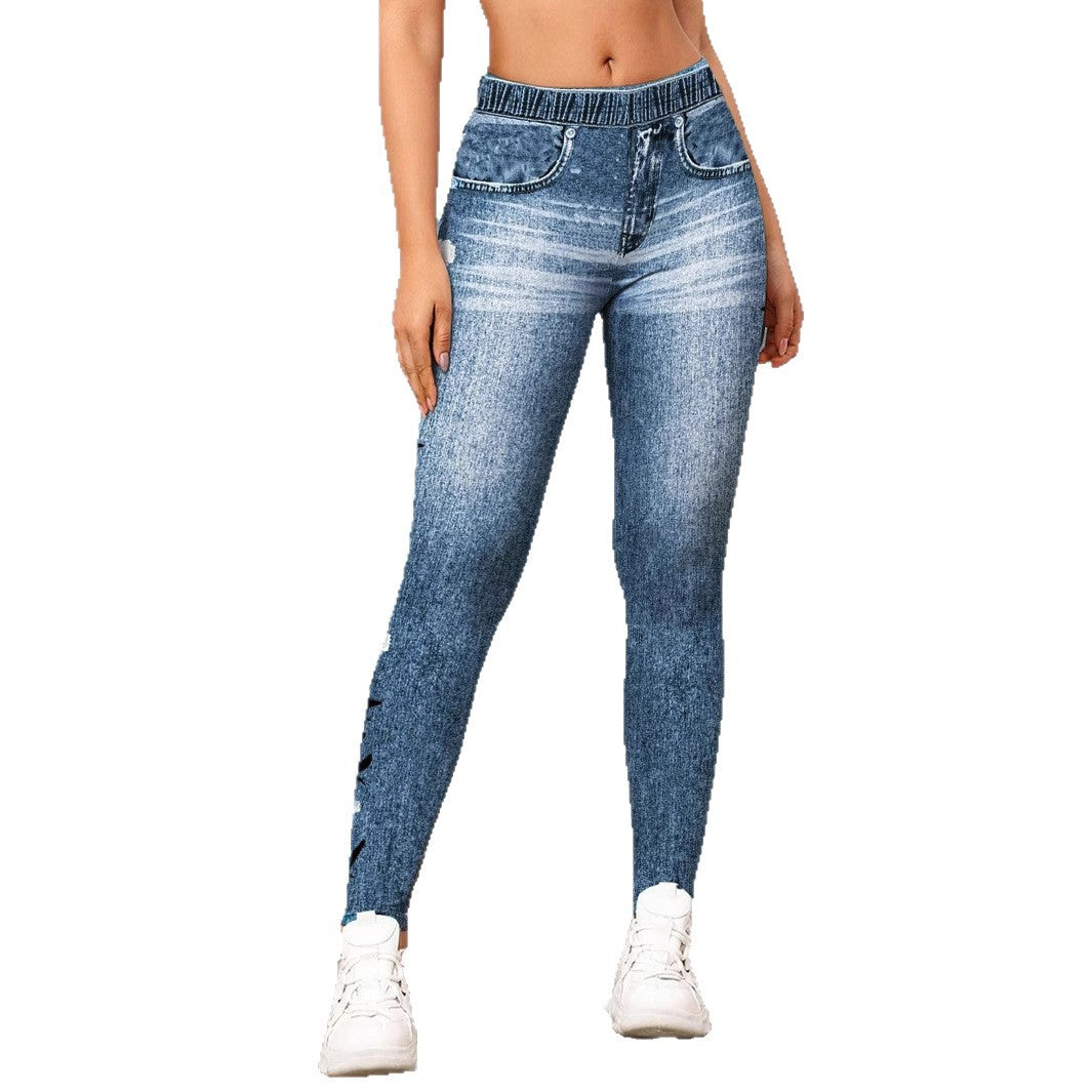 Womens Denim-Look Leggings With Digital Print