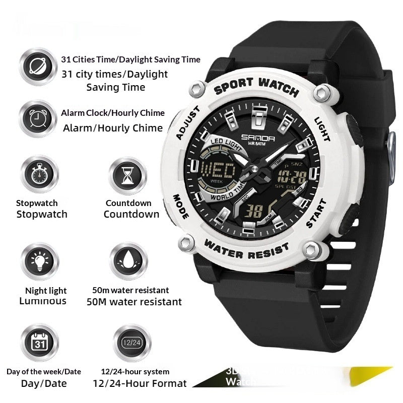 Reloj cronógrafo luminoso de doble pantalla para estudiantes, ideal para senderismo.