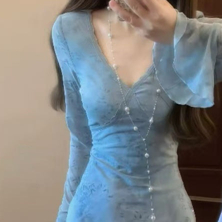 French-style Gentle Elegant Blue Tie-Dye V-neck Dress For Women