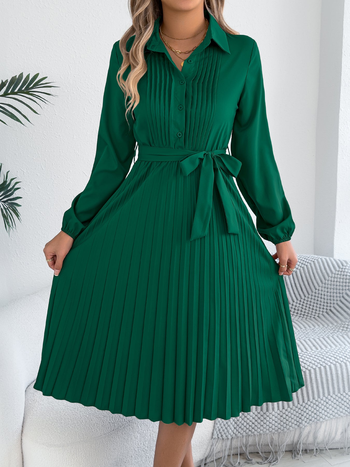 Vestido plisado elegante de color liso con solapa, manga larga y lazo en la cintura para mujer