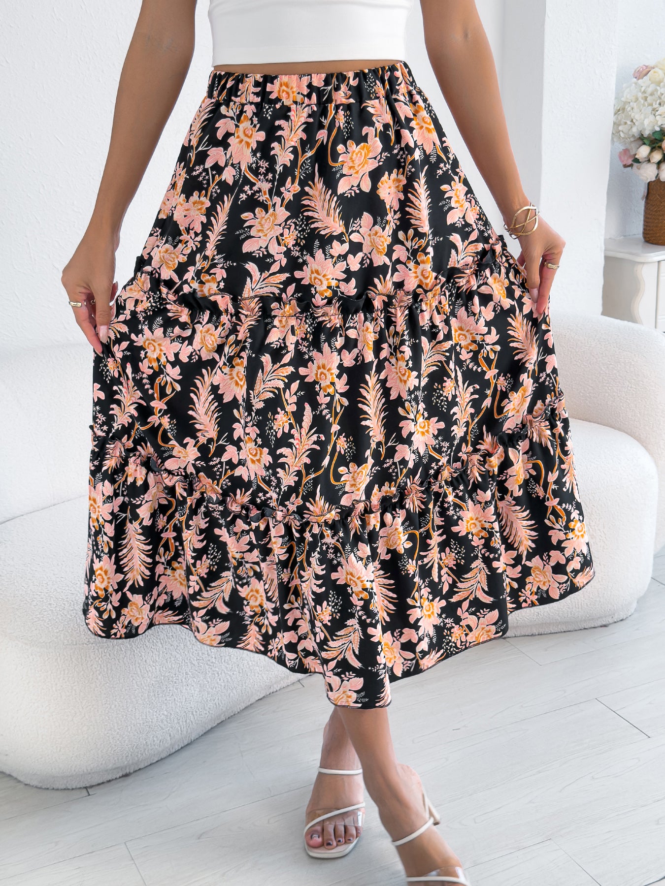 Falda playera midi informal con volantes y estampado floral para mujer