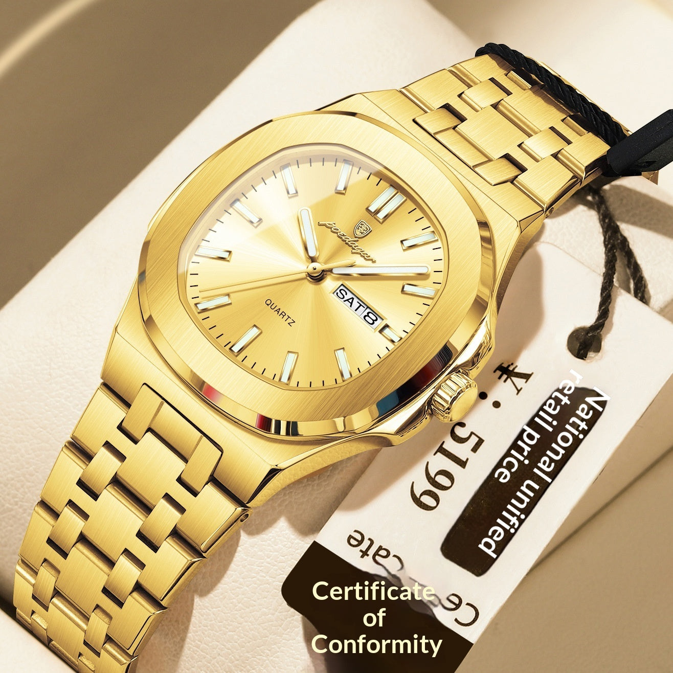 Reloj ultrafino con características impermeables y luminosas.