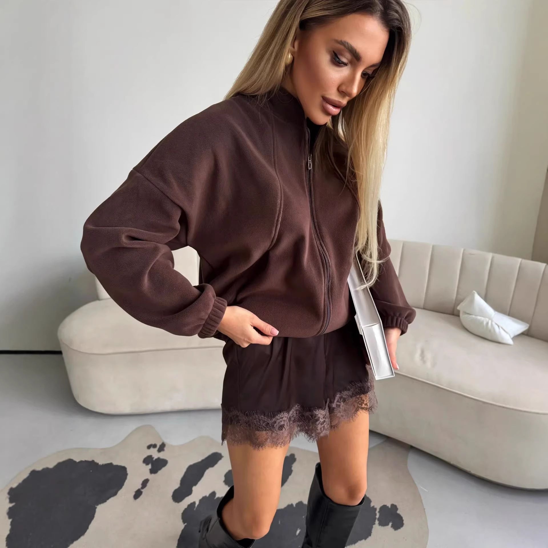 Pantalones cortos con ribete de encaje estampado para mujer