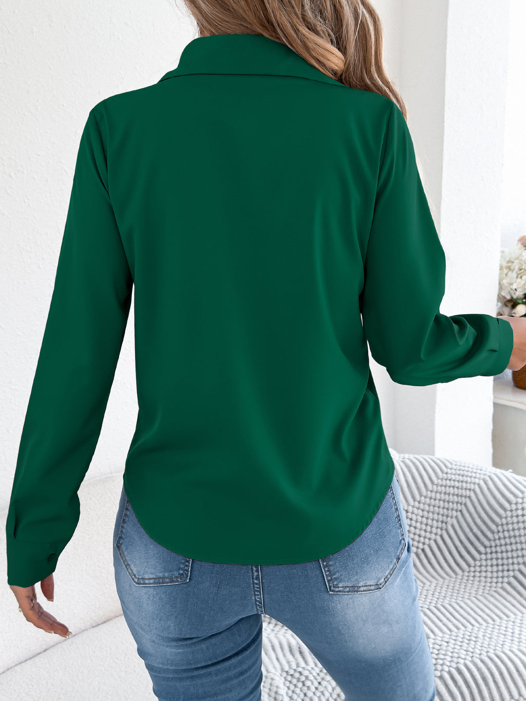 Women's Elegant Crinkled Solid Color Button Long Sleeve Office Shirt